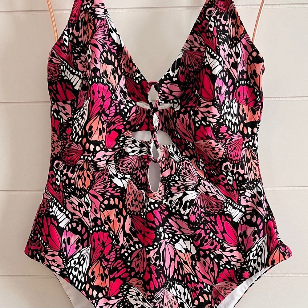 L*Space “Topanga” One Piece Classic High Cheeky Swimsuit Pink Black Tropical - Picture 4 of 13
